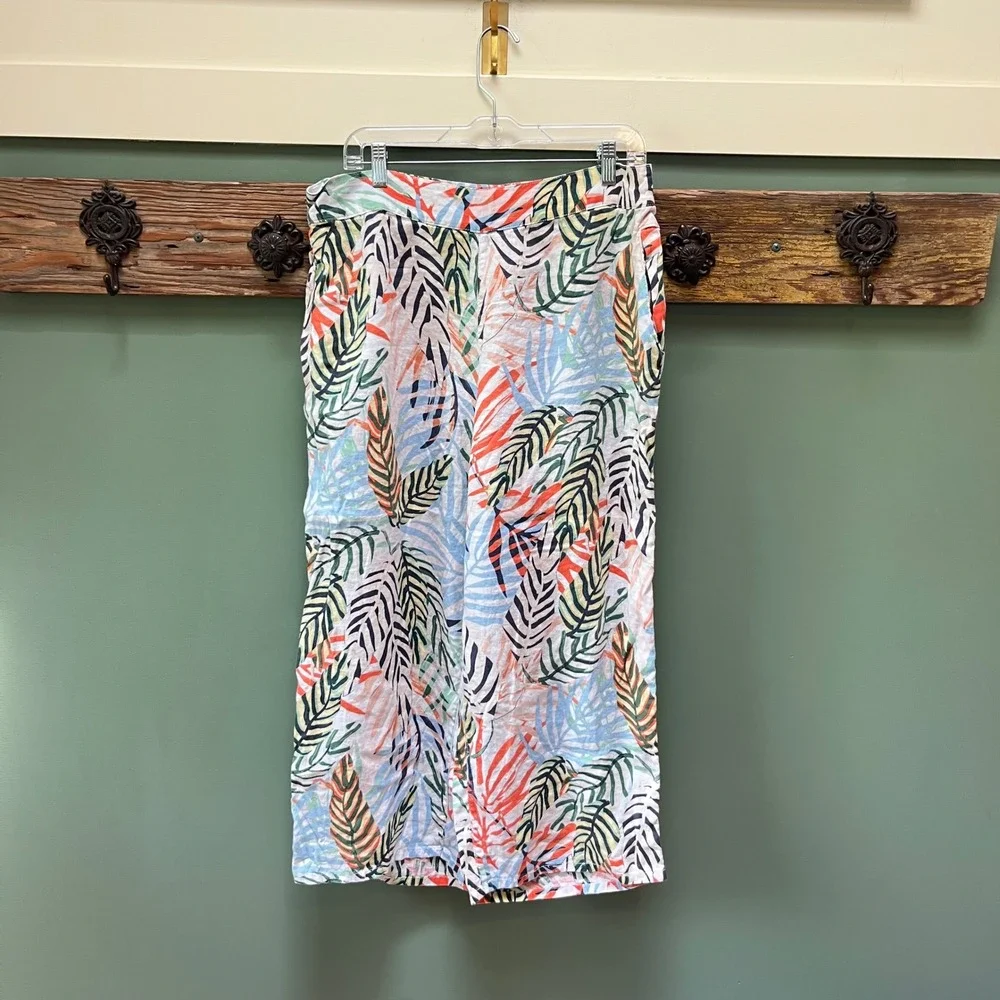 Tahari Womens‎ 1X Linen Wide Leg Tropical Palm Leaf Print Pants Multi-Color